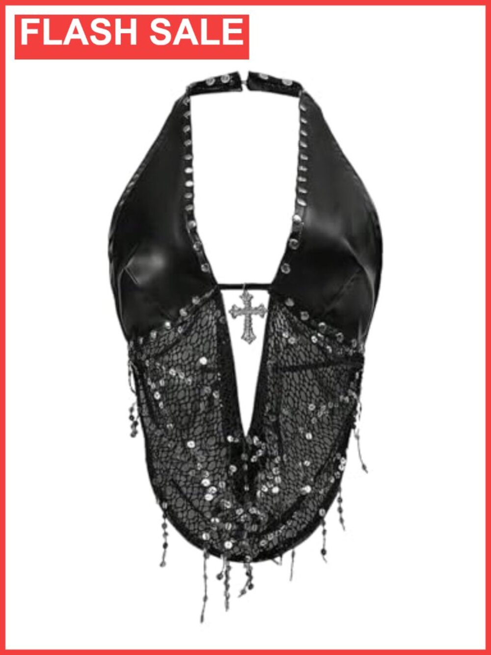 Women's PU Leather Sparkly Halter Crop Top Y2k Rave Club Party Top